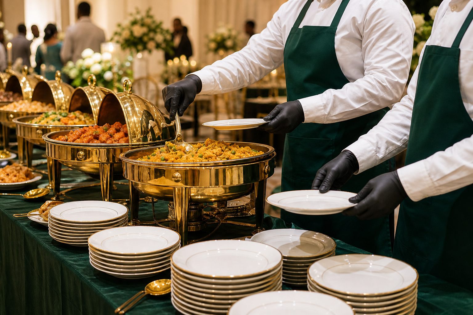 Professional catering team serving food at an indoor event