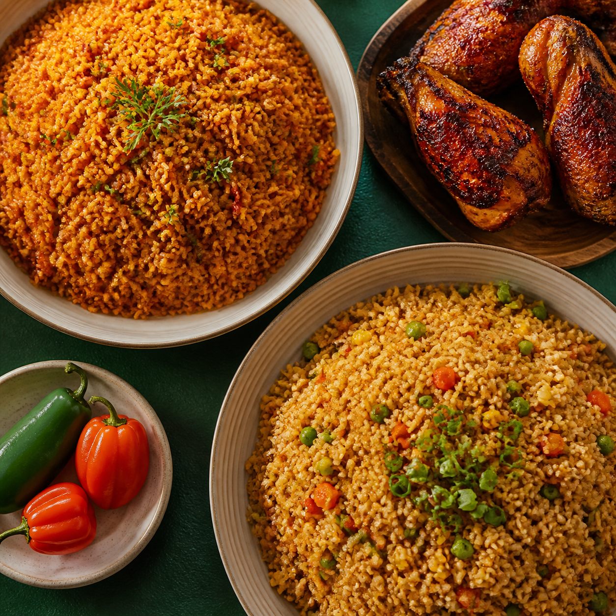 Jollof rice, fried rice, and grilled chicken
