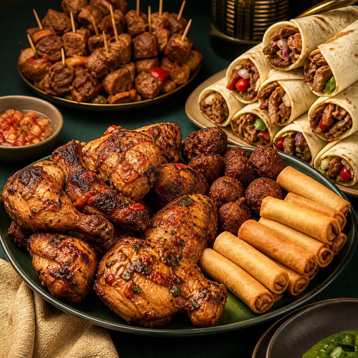 Grilled chicken, shawarma wraps, spring rolls, and small chops