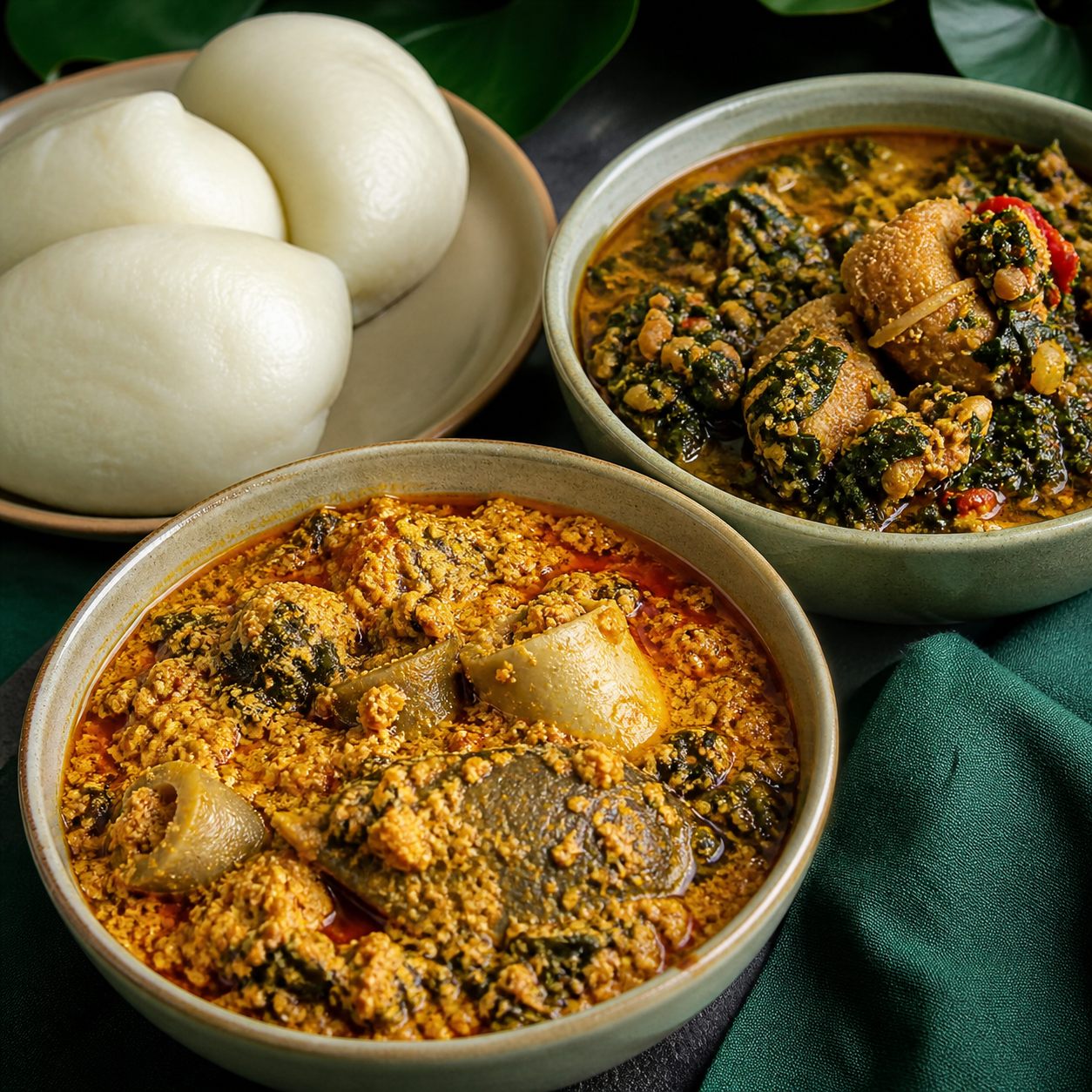 Egusi soup, vegetable soup, and pounded yam